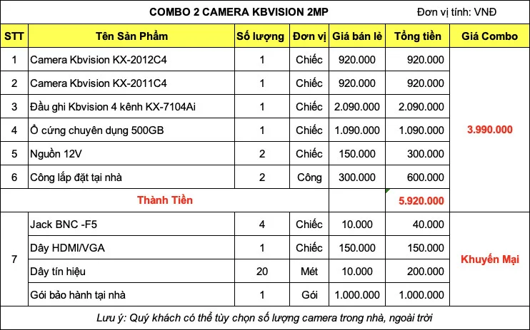 bảng giá 2 camera kbvision 2mp