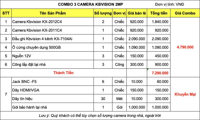 bảng giá 3 camera kbvision 2mp