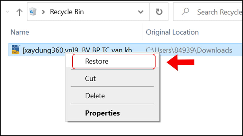 Khôi phục file đã xóa trong Recycle Bin