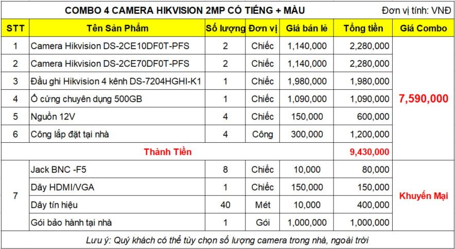 bộ 4 camera hikvision có tiếng màu